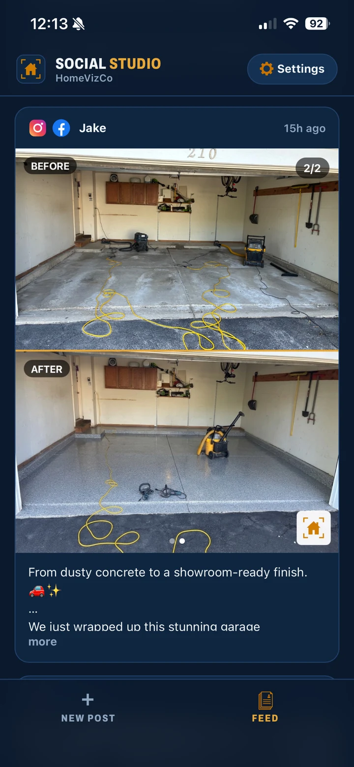 The Social Studio feed showing a published before and after garage post
