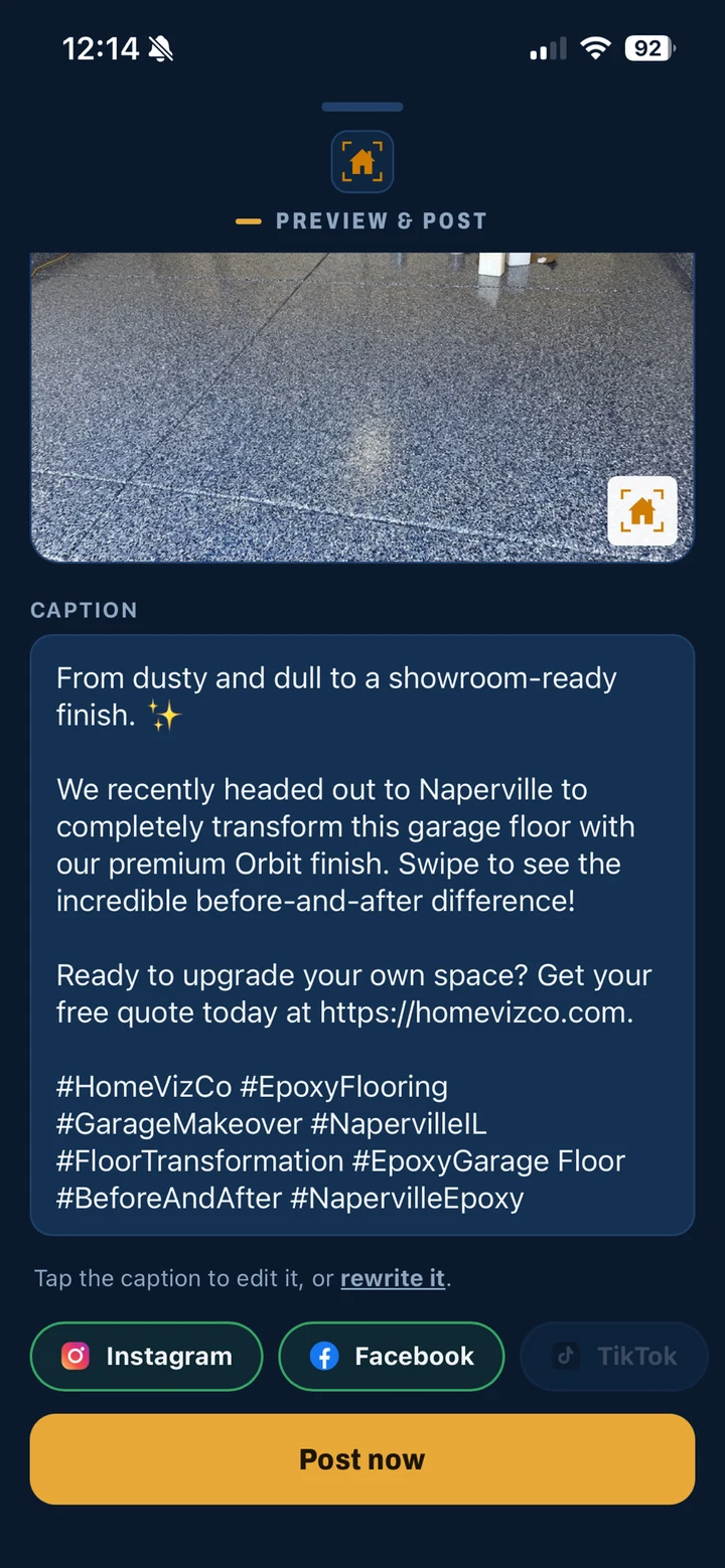 Preview and post screen with an AI-written caption and platform toggles