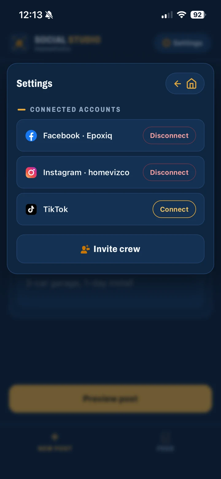 Connected accounts screen with Facebook and Instagram linked