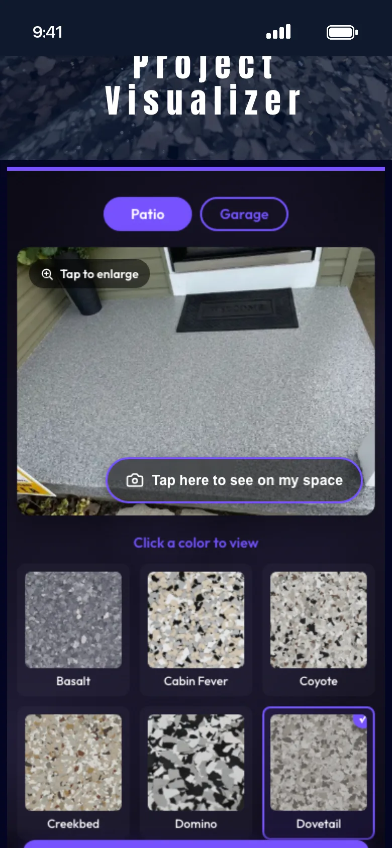 The floor visualizer on the Epoxy Worx website, on a phone